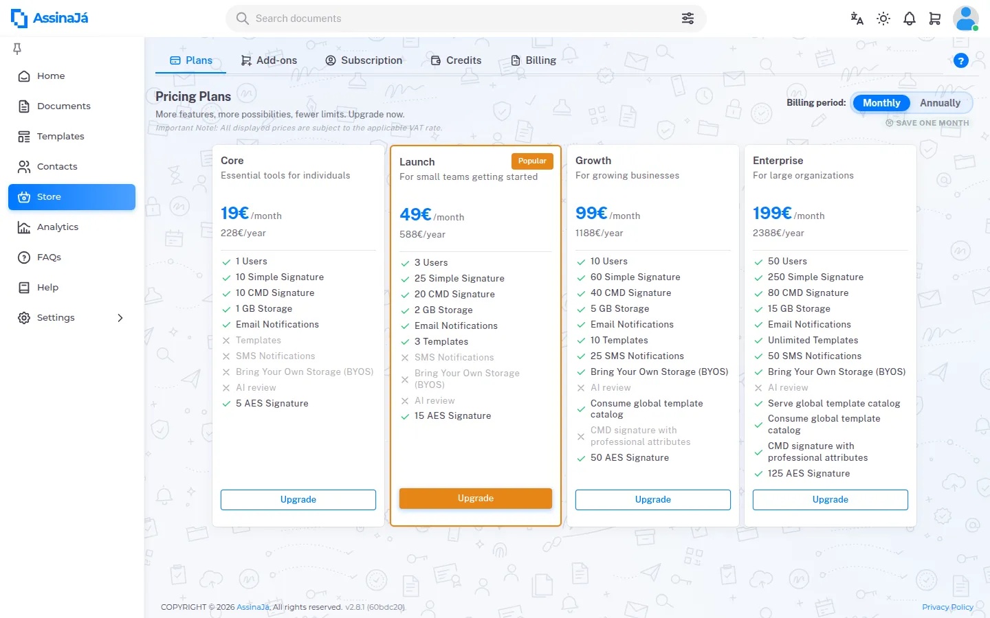The store’s Plans tab, with the four plans side by side and each feature’s
allowance.