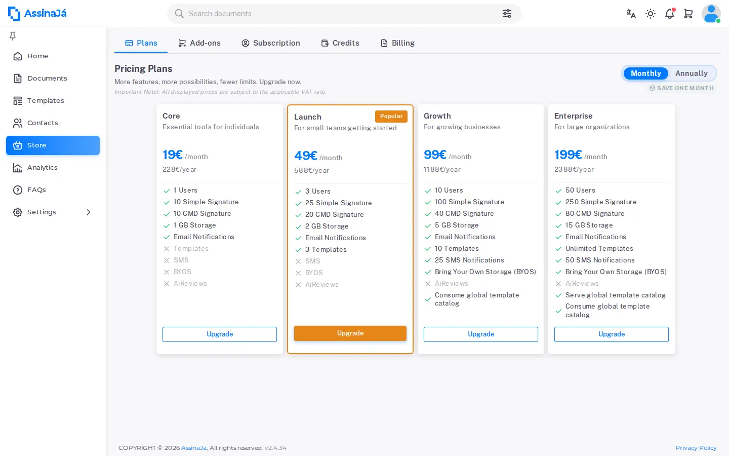 The store’s Plans tab, with the four plans side by side and each feature’s
allowance.