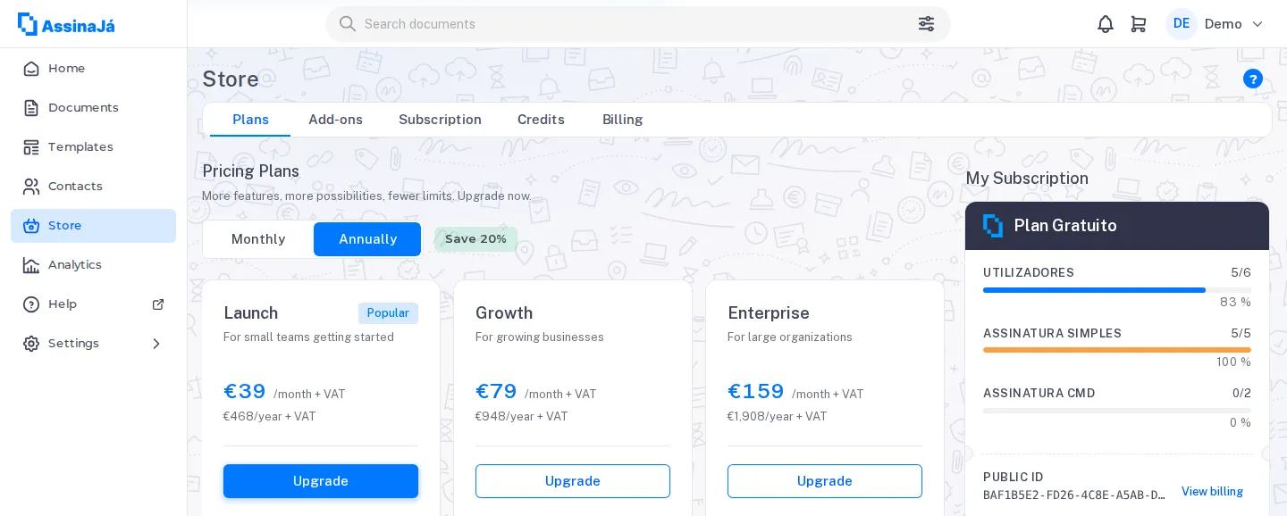 Die Registerkarte Tarife des Shops, mit den Tarifen nebeneinander, den Preisen
und den Schaltflächen.