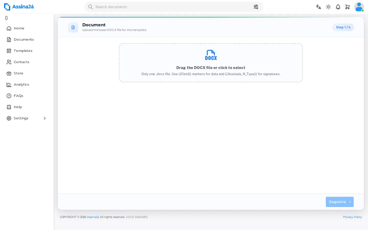 Step 1 of the template wizard, waiting for the DOCX file.