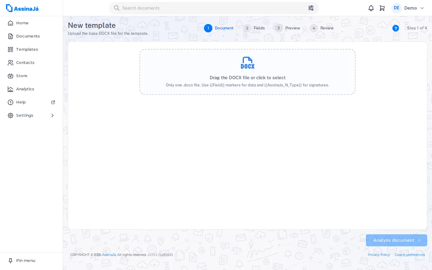 Il passaggio 1 della procedura guidata dei modelli, in attesa del file DOCX.