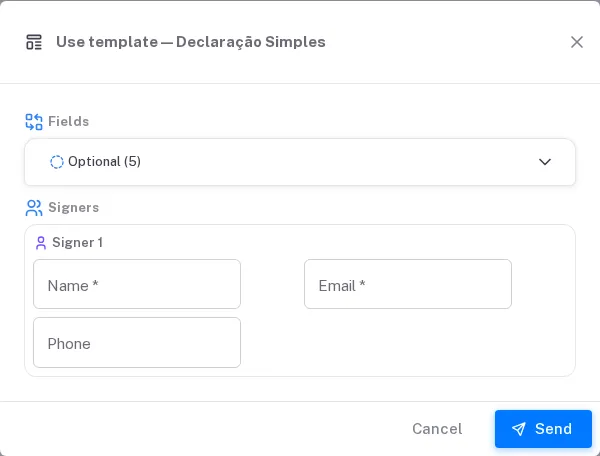 The Use template dialog: the template fields and the signer details, with
Send.