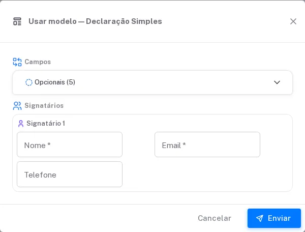 O diálogo Usar modelo: os campos do modelo e os dados do signatário, com
Enviar.