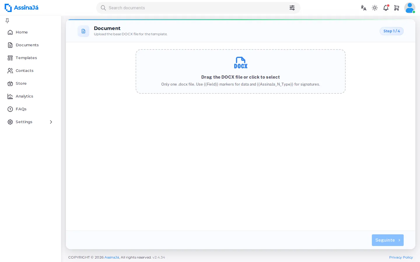 The Templates list, with Available, In Draft and Deleted down the left and the
Template button below.