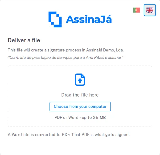 The Deliver a file page: where the file is going, the purpose, and the area to
drop it on.