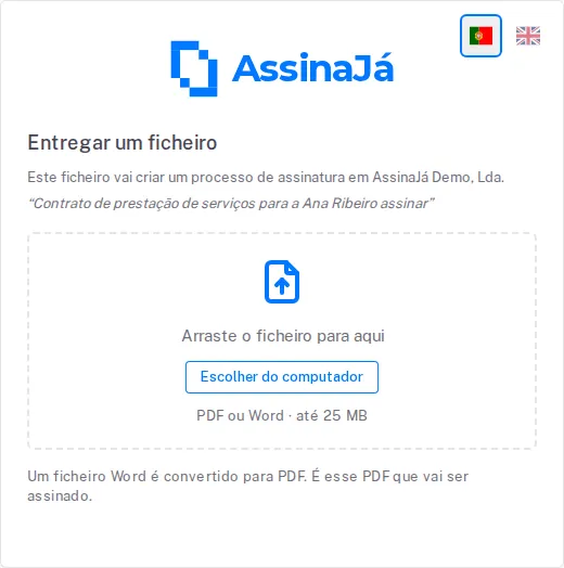 A página Entregar um ficheiro: para onde vai o ficheiro, o motivo, e a área para
o arrastar.